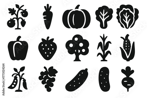 Garden Produce Icons. Solid style icons of Garden produce: tomato plant, carrot, pumpkin, lettuce, pepper, strawberry, apple tree,