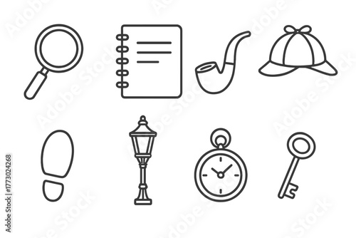 Crime Scene Icons. Line style icons of Crime Scene Inquiry: Magnifying Glass, Notebook, Pipe, Deerstalker Hat, Footprint, Lamp