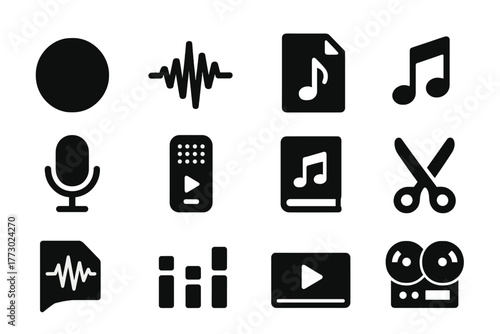 Audio Recording Icons. Solid style icons of audio recording: record circle, waveform line, audio file, music note, voice memo,