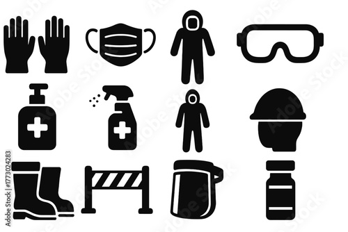 Medical Safety Gear Icons. Solid style icons of Medical and protection gear: gloves, mask, hazmat suit, goggles, sanitizer,