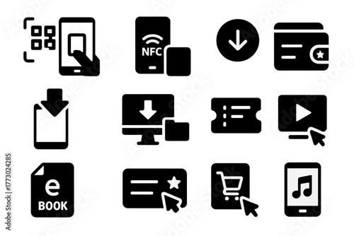 Digital Technology Icons. Solid style icons of Digital obtainment: QR code scan, NFC phone, digital wallet, download app, install
