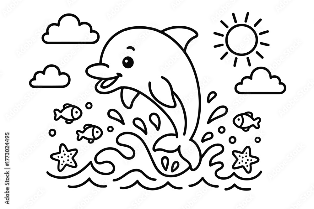Naklejka premium Playful Dolphin Coloring. A cute dolphin in a playful scene with friendly details, black and white line art, children’s coloring
