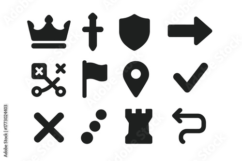 Chess Symbol Icons. Solid style icons of Chess symbols: crown, sword, shield, arrow, strategy icon, victory flag, point marker,