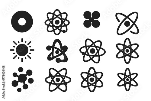 Atomic Icon Collection. Solid style icons of Atoms: simple atom, atom with orbit, atom nucleus, electron orbit, atomic symbol,