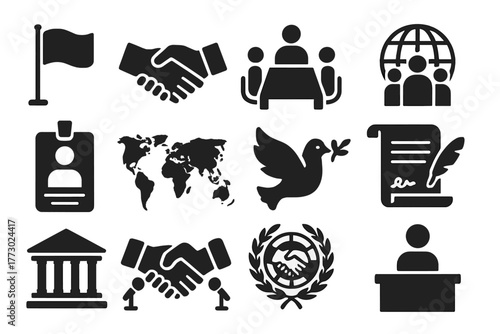 Diplomacy Icons Overview. Solid style icons of diplomacy: embassy flag, handshake symbol, negotiation table, global conference,