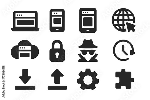 Online Browsing Icons. Solid style icons of online browsing: laptop with browser, smartphone with browser, tablet with browser,