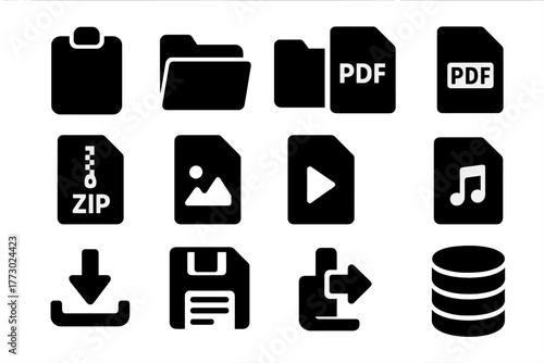 Solid File Icons. Solid style icons of Obtaining files: clipboard, document folder, open folder, PDF file, ZIP archive, image file