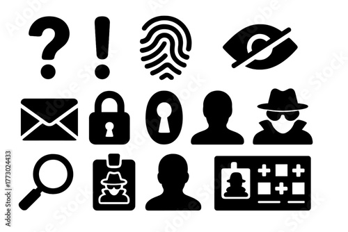 Spy Symbols Icons. Solid style icons of Spy symbols: question mark, exclamation mark, fingerprint, hidden eye, secret envelope,