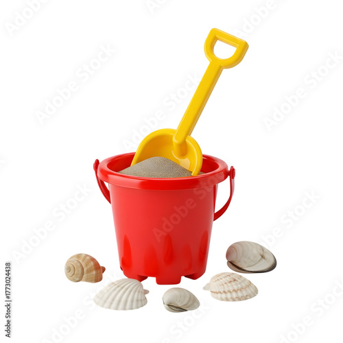 Red bucket with sand and yellow shovel isolated on transparent background