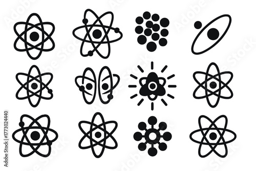 Atomic Icon Collection. Solid style icons of Atoms: simple atom, atom with orbit, atom nucleus, electron orbit, atomic symbol,