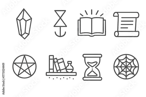 Esoteric Icon Set. Line style icons of Esoteric Archives: Crystal, Alchemy Symbol, Glowing Book, Pentagram, Ancient Scroll, Dusty