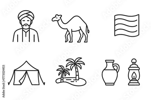Silk Road Icons. Line style icons of Silk Road Desert: Merchant, Camel, Silk, Oasis, Tent, Sand Dune, Water Jar, Lantern, No text,