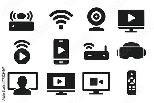 Streaming Platform Icons. Solid style icons of streaming platforms: live broadcast, stream signal waves, web camera, online video,