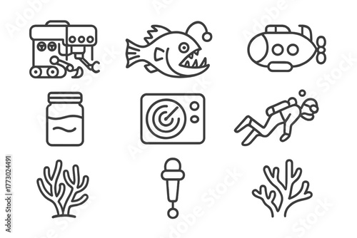 Oceanic Abyss Icons. Line style icons of Oceanic Abyss: ROV, Abyssal Creature, Submersible, Sample Container, Sonar, Diver, Coral,