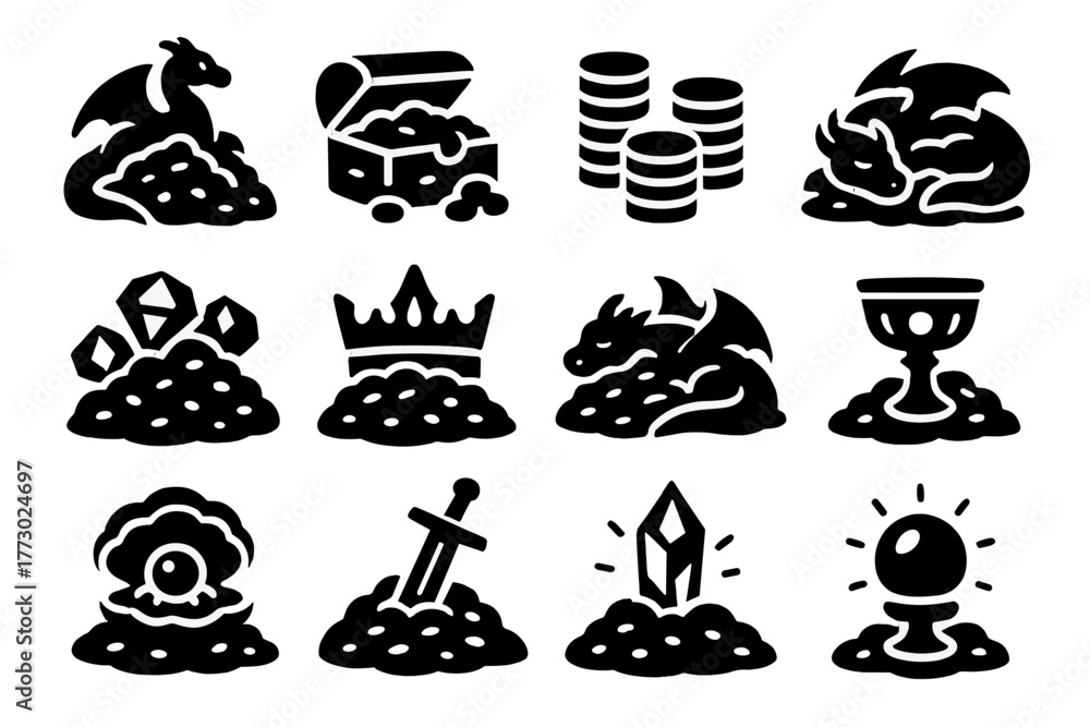 Naklejka premium Dragon Treasure Icons. Solid style icons of dragon treasures: dragon hoard, treasure chest, golden coins, gem pile, crown in hoard