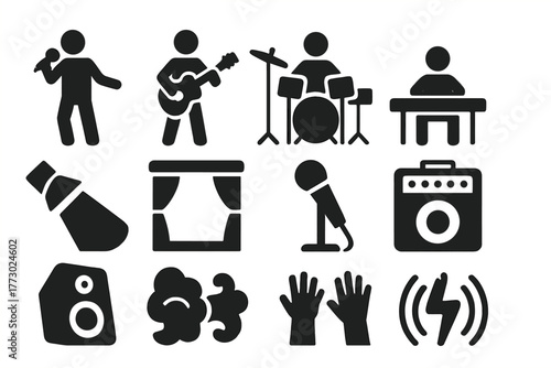 Live Performance Icons. Solid style icons of Live performance: singer, guitarist, drummer, keyboardist, spotlight beam, stage