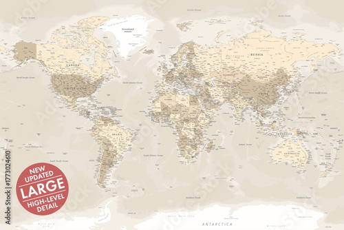 Vector world map large detailed layered updated edition in beige vintage style