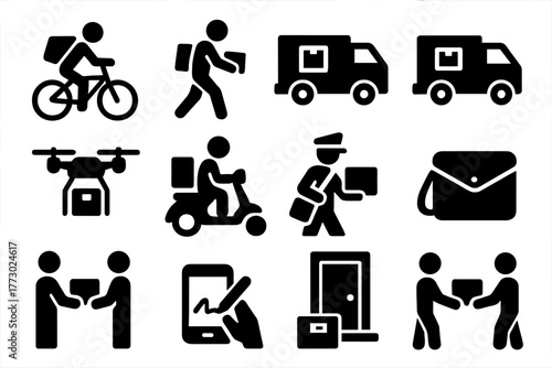 Courier Icon Set. Solid style icons of couriers: bicycle courier, foot courier, delivery van, cargo truck, drone courier, scooter