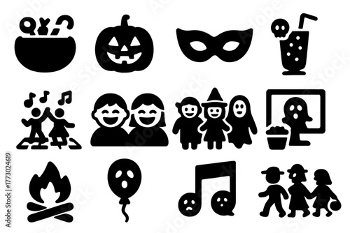 Festive Halloween Icons. Solid style icons of festive fun: candy bowl, pumpkin lantern, party mask, spooky drink, dance floor,