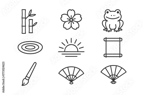 Haiku Elements Icons. Line style icons of Haiku: Bamboo, Cherry Blossom, Frog, Pond, Rising Sun, Paper Scroll, Brush, Fan, No text