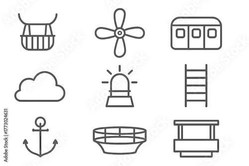 Airship Adventure Icons. Line style icons of Airship Voyage: Gondola, Propeller, Passenger Cabin, Cloud, Beacon, Rope Ladder,