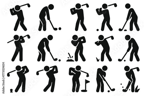 Golf Icons Collection. Solid style icons of Golf actions: swing, putt, drive, chip, pitch, bunker shot, rough shot, fairway shot,