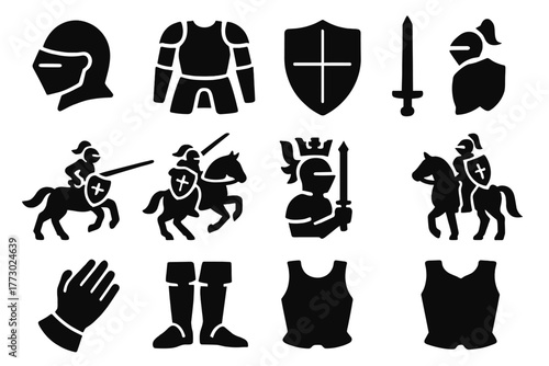Medieval Knight Icons. Solid style icons of medieval knights: knight helmet, knight armor, knight shield, knight sword, jousting