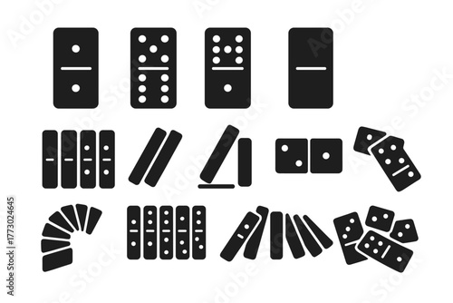 Domino Chain Icon Set. Solid style icons of Domino chain reaction: single tile, double three, double five, blank piece, domino