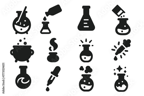 Alchemy Icon Set. Solid style icons of Mixing and brewing: stirring potion, pouring liquid, measuring vial, adding ingredient,