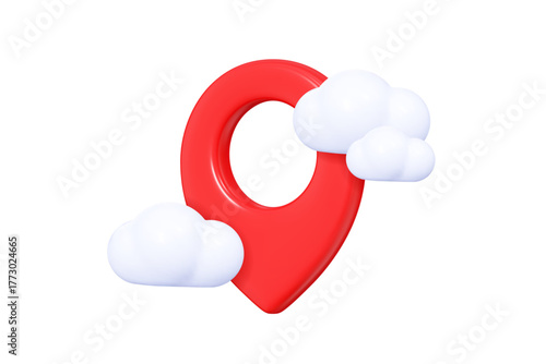 3D Red location pin with clouds. Navigation mark. Travel tag with shadow. Minimal element for map, web and gps. Cartoon creative design icon isolated. 3D Vector illustration