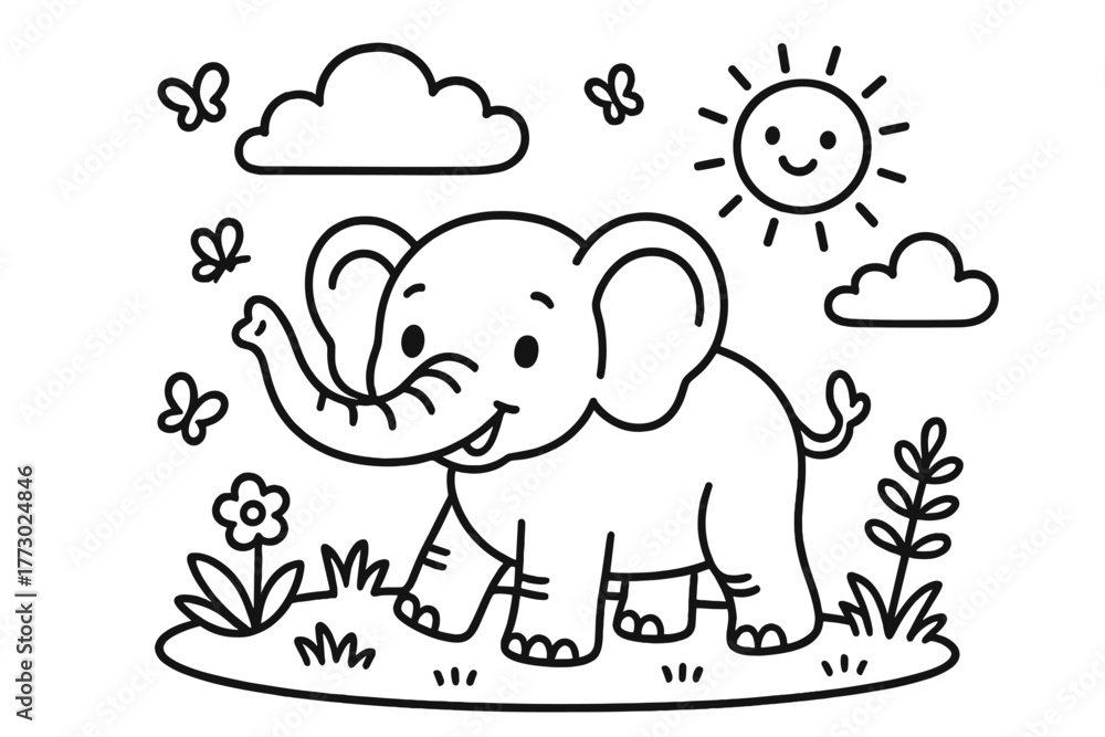 Obraz premium Playful Elephant Coloring. A cute elephant in a playful scene with friendly details, black and white line art, children’s coloring