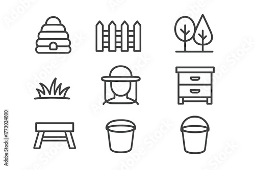 Apiary Line Icons. Line style icons of Apiary: Beehive, Fence, Trees, Meadow, Protective Hat, Bee Box, Hive Stand, Bucket, No text