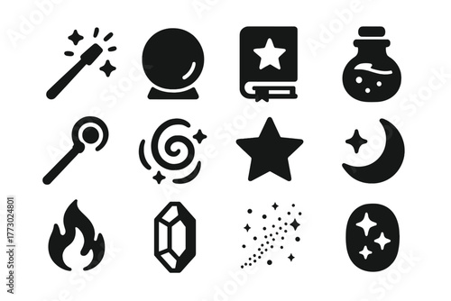 Magic Icons Collection. Solid style icons of magic: magic wand, crystal ball, spell book, potion bottle, enchanted staff,