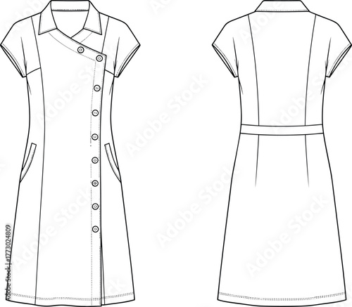 echnical flat sketch of women's asymmetrical button dress, short sleeves, notched collar, front and back view, fashion design, garment construction, pattern making