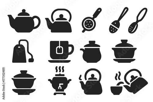 Tea Preparation Icons. Solid style icons of Tea preparation: teapot, tea kettle, tea strainer, tea infuser, tea bag, cup with