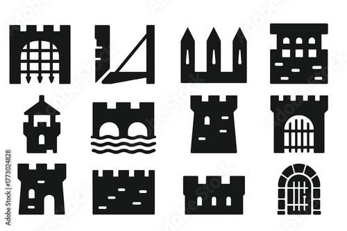 Castle Defense Icons. Solid style icons of castle defenses: portcullis, drawbridge, arrow slits, murder holes, guard post, moat