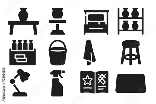 Pottery Studio Icons. Solid style icons of Studio environment: pottery table, wheel stand, clay storage, drying shelf, glaze rack,