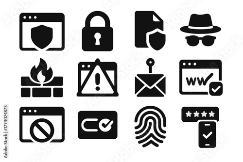 Web Security Icons. Solid style icons of web security: shield browser, lock padlock, SSL certificate, privacy mode, firewall block