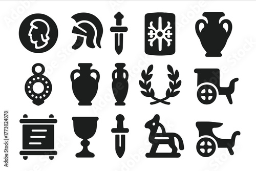 Roman Artifact Icons. Solid style icons of Roman artifacts: coin, helmet ornament, sword hilt, shield emblem, jewelry, vase,