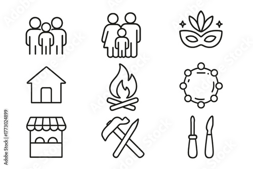 Social Anthropology Icons. Line style icons of Social Anthropology: Community, Family, Festival, House, Fire, Circle of People,