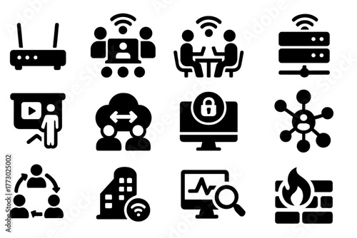 Business Network Icons. Solid style icons of business network: office router, conference call WiFi, coworking internet, server