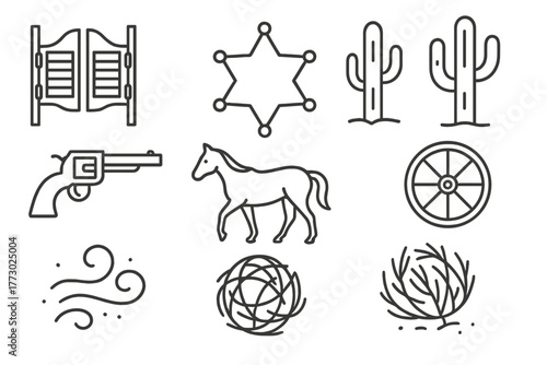 Desert Town Icons. Line style icons of Desert Town: Saloon Doors, Sheriff's Badge, Cactus, Revolver, Horse, Wagon Wheel, Dust,