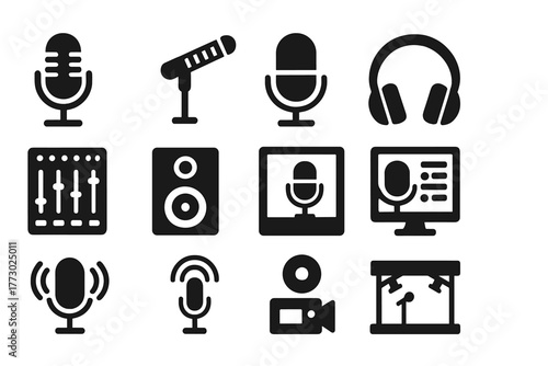 Audio Equipment Icons. Solid style icons of professional audio: studio microphone, boom mic, condenser mic, recording headphones,