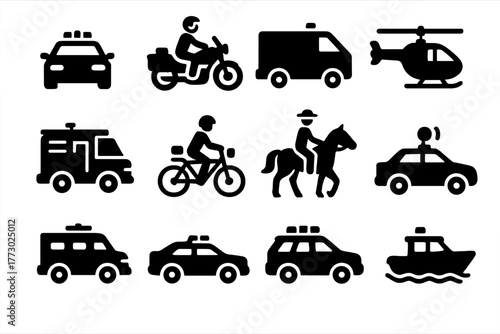 Solid Police Icons. Solid style icons of police vehicles: patrol car, motorcycle police, police van, helicopter unit, riot truck,