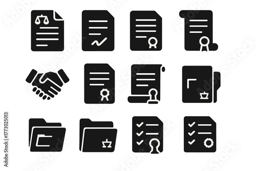 Solid Contract Icons. Solid style icons of Contracts: legal paper, signed document, agreement form, handshake with paper, paper
