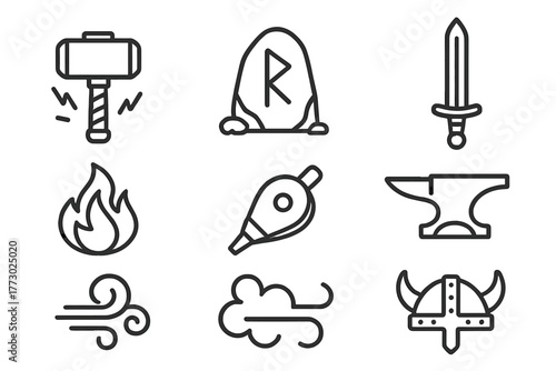 Norse Forge Icons. Line style icons of Norse Myth Forge: Magical Hammer, Rune Stone, Sword, Fire, Bellows, Anvil, Smoke, Helmet,