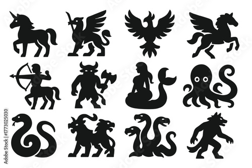 Mythical Creature Icons. Solid style icons of mythical creatures: unicorn, griffin, phoenix, pegasus, centaur, minotaur, mermaid,