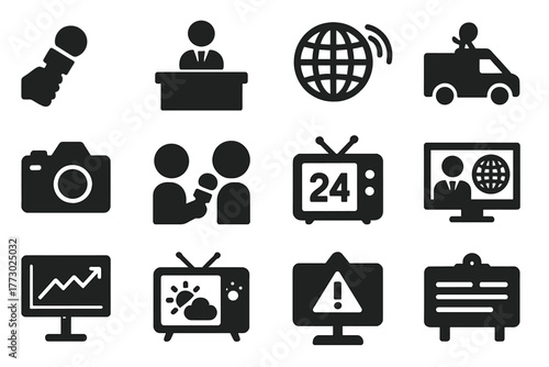 News Icon Collection. Solid style icons of news television: reporter mic, live news desk, globe with TV waves, TV van, press