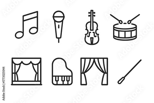 Musical Theater Icons. Line style icons of Musical Theater: Musical Note, Microphone, Violin, Drum, Stage, Piano, Curtain,