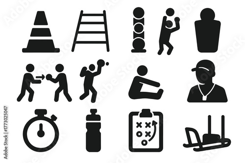 Training Equipment Icons. Solid style icons of Training and practice: cone, agility ladder, ball rack, tackling dummy, passing
